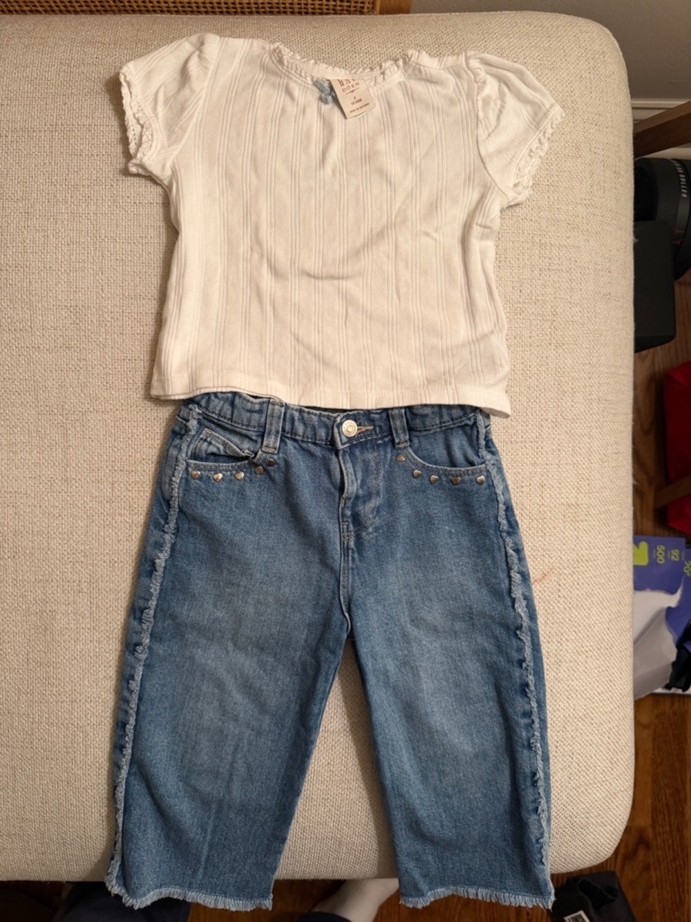 DOEN x GAP White Pointelle T Shirt and Zara Denim Jeans Set